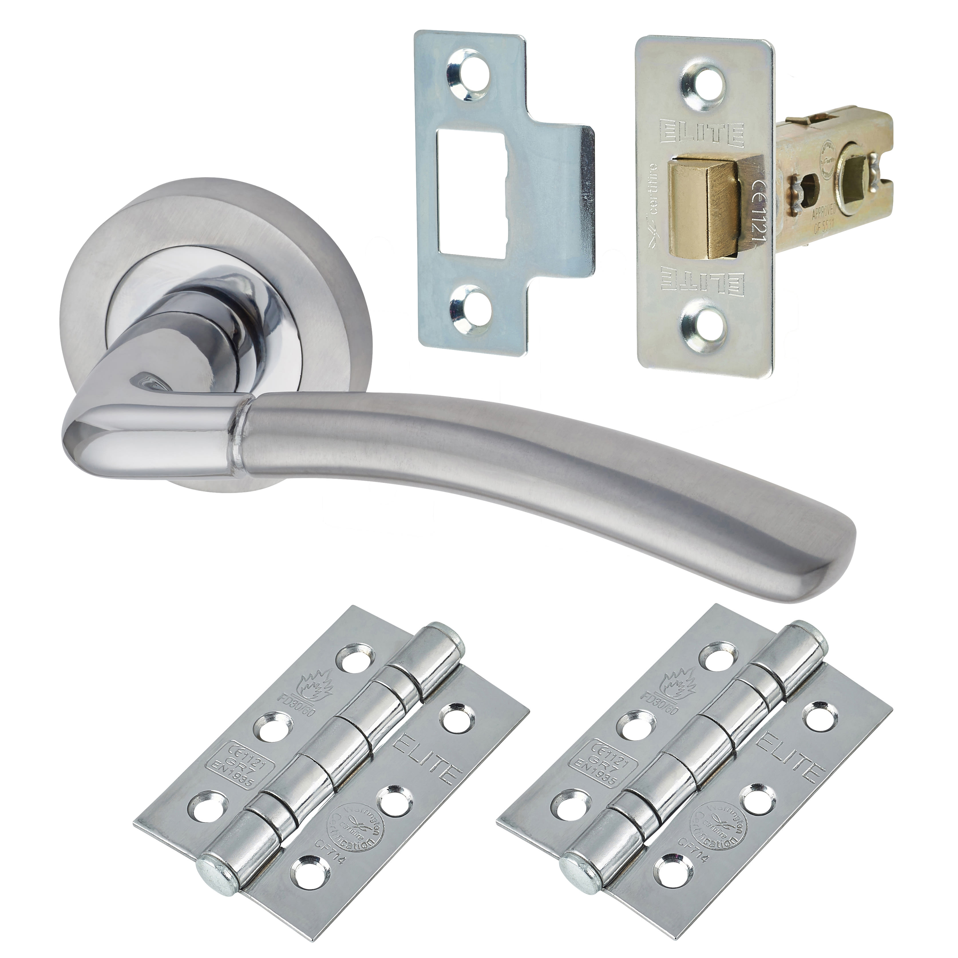 Satin/Polished Chrome Latch Door Handles on Rose Pack - Berkshire Range - view 2
