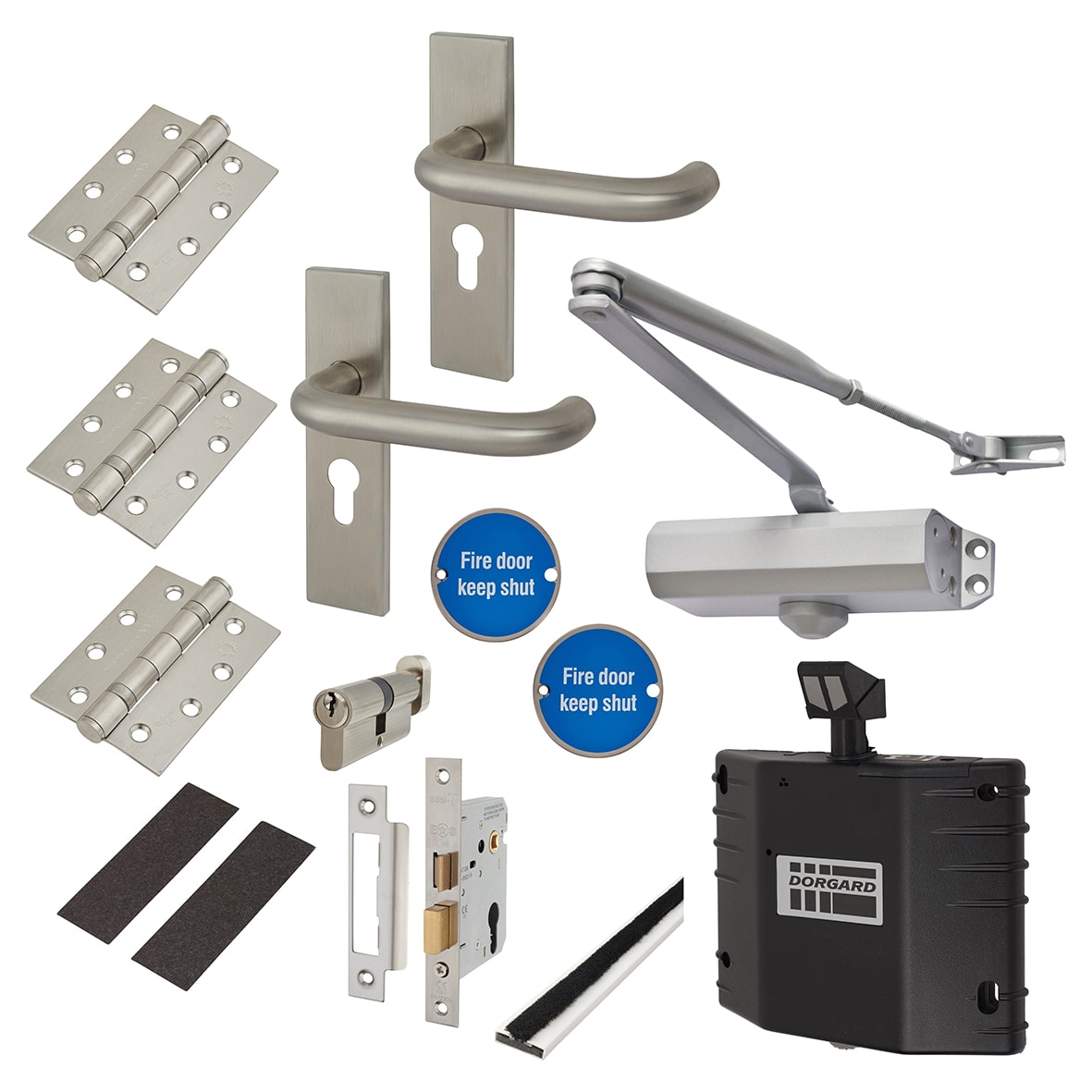 Light Duty Euro Lock Door Handle on Backplate Fire Door Kit & Dorgard Holder - Power Size 3 - Silver - view 2