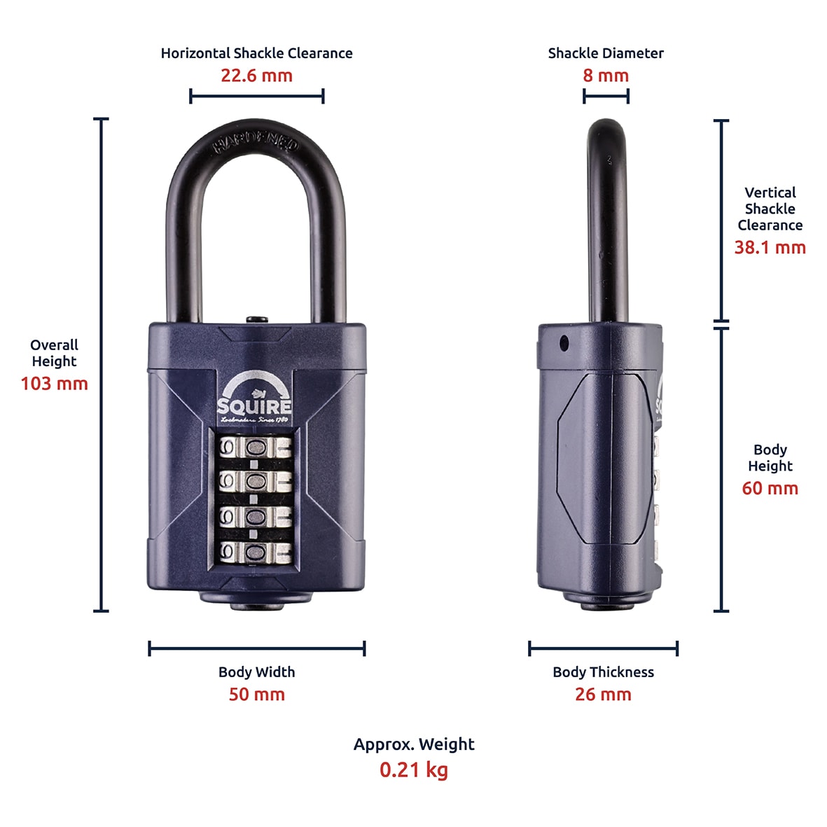 Combination All Weather Long Shackle Padlock - 50mm Body - 22 x 38mm Shackle - Blue - view 5