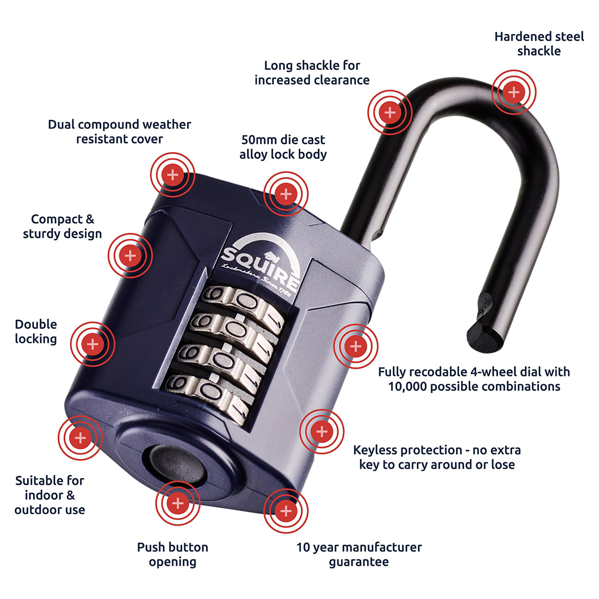 Combination All Weather Long Shackle Padlock - 50mm Body - 22 x 38mm Shackle - Blue - view 6