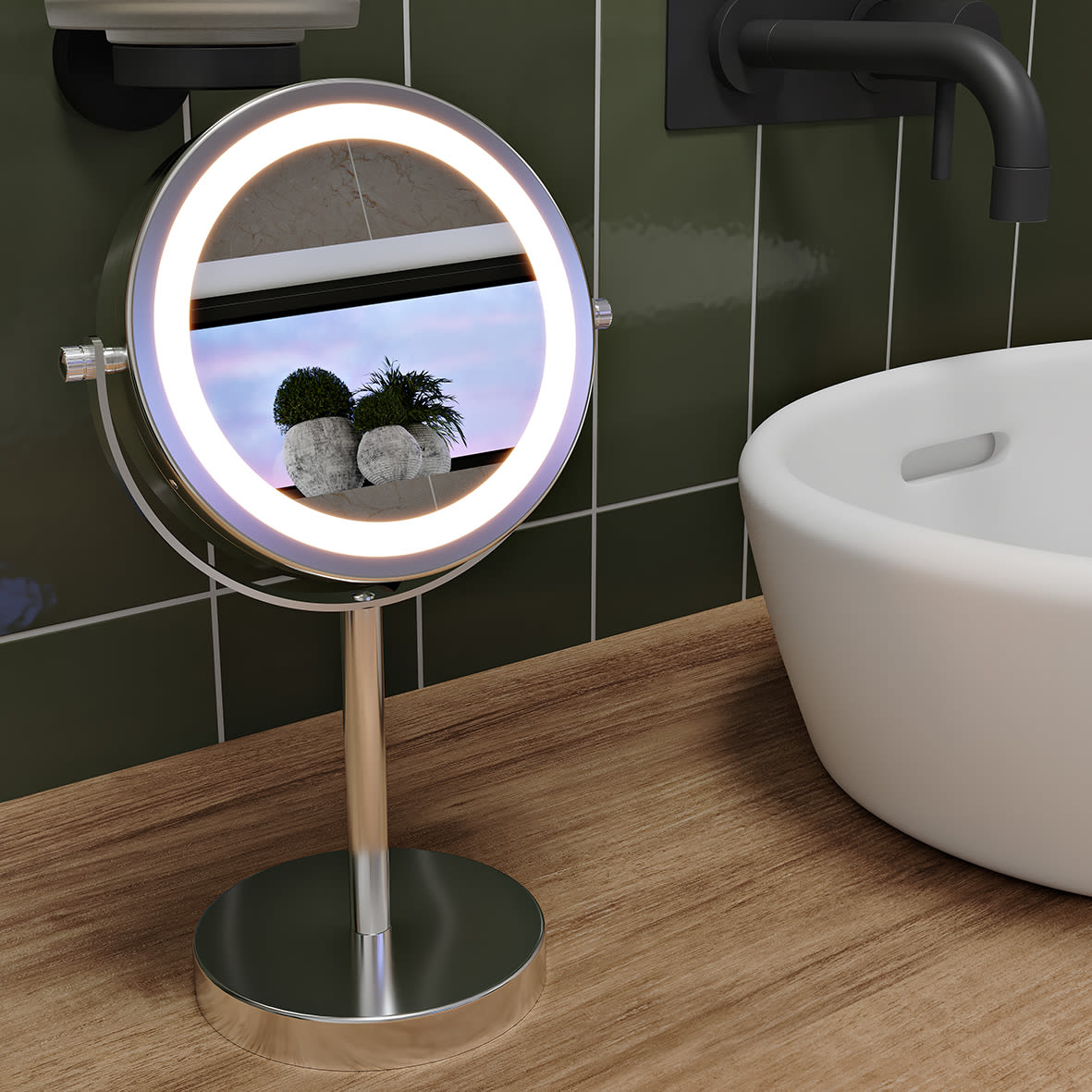 Freestanding LED 3x Magnifying Bathroom Mirror -300 x 180 x 120mm - Chrome - view 2