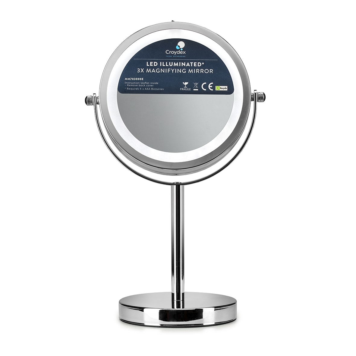 Freestanding LED 3x Magnifying Bathroom Mirror -300 x 180 x 120mm - Chrome - view 3