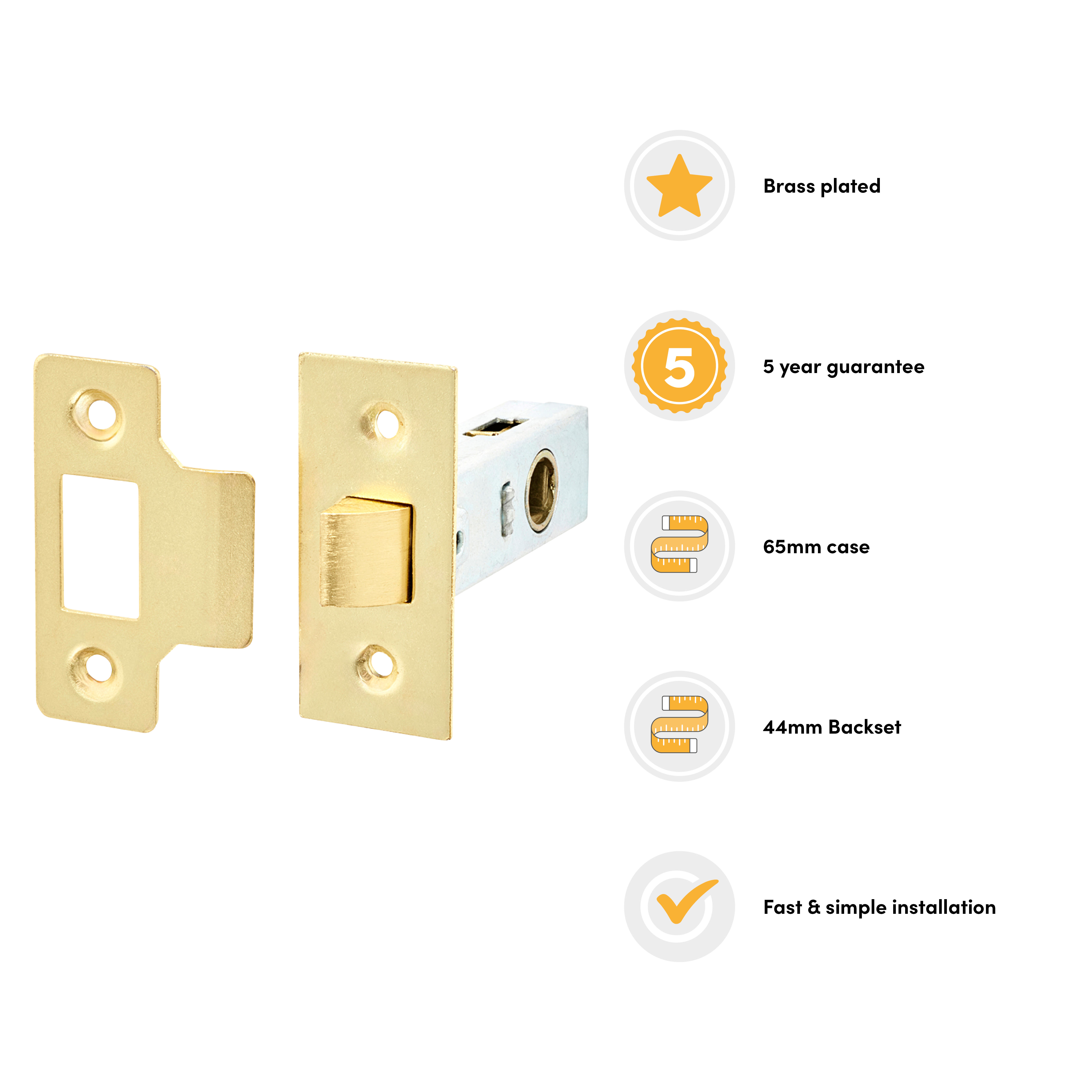 Budget Tubular Latch - 65mm Case - 44mm Backset - Square - Brass Plated - view 2