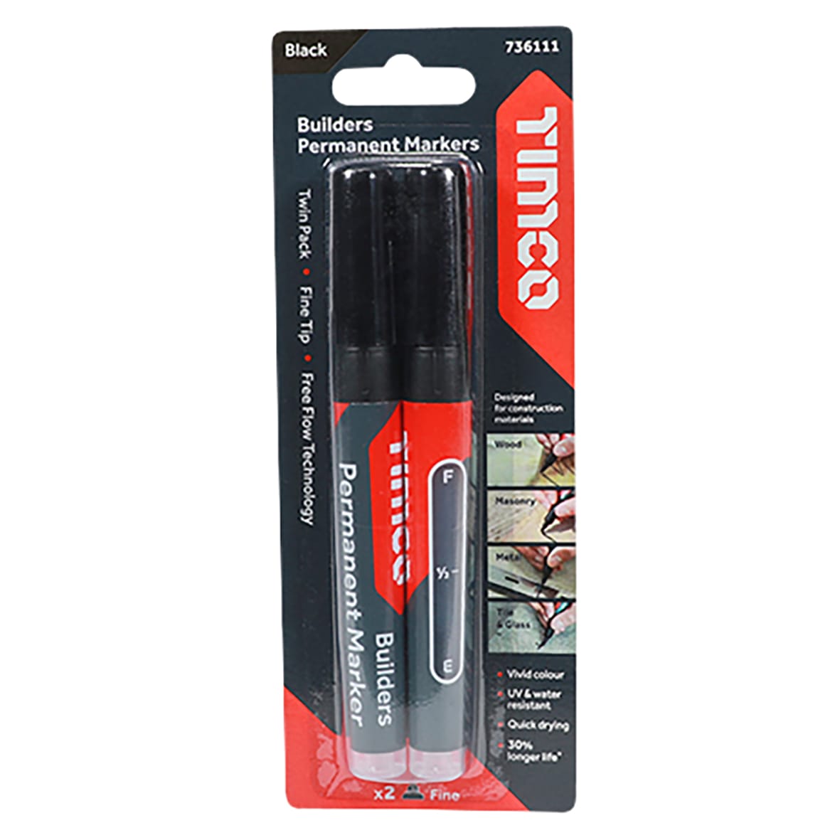 Builders Permanent Markers - Fine Tip - Black - Pack of 2 - view 2