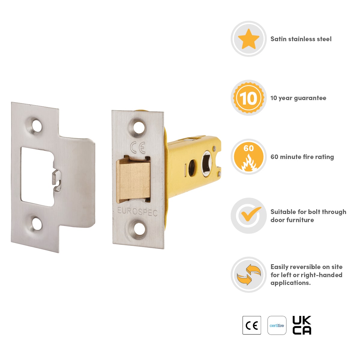 Heavy Duty Bolt Through Tubular Latch - 78mm Case - 57mm Backset - Square - Satin Stainless - view 3