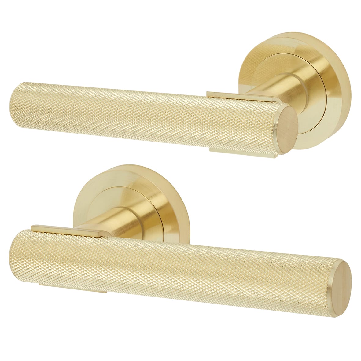 Satin Brass Knurled Bathroom Lock Door Handles on Rose Pack - Orla Range - view 2