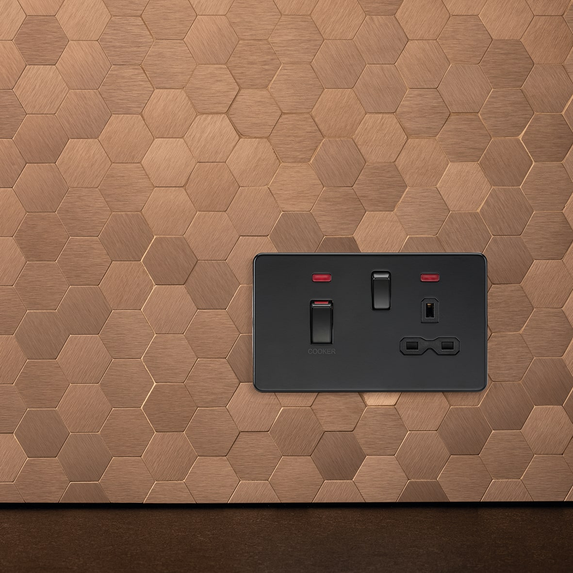 45A 2 Gang DP Cooker Switch & 13A Switched Socket with Neon - Matt Black/Black Insert - view 2