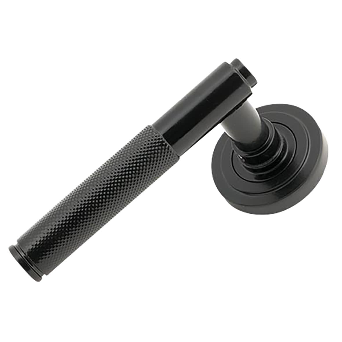 Black Knurled Door Handles on Round Art Deco Rose - Brompton Range - view 2
