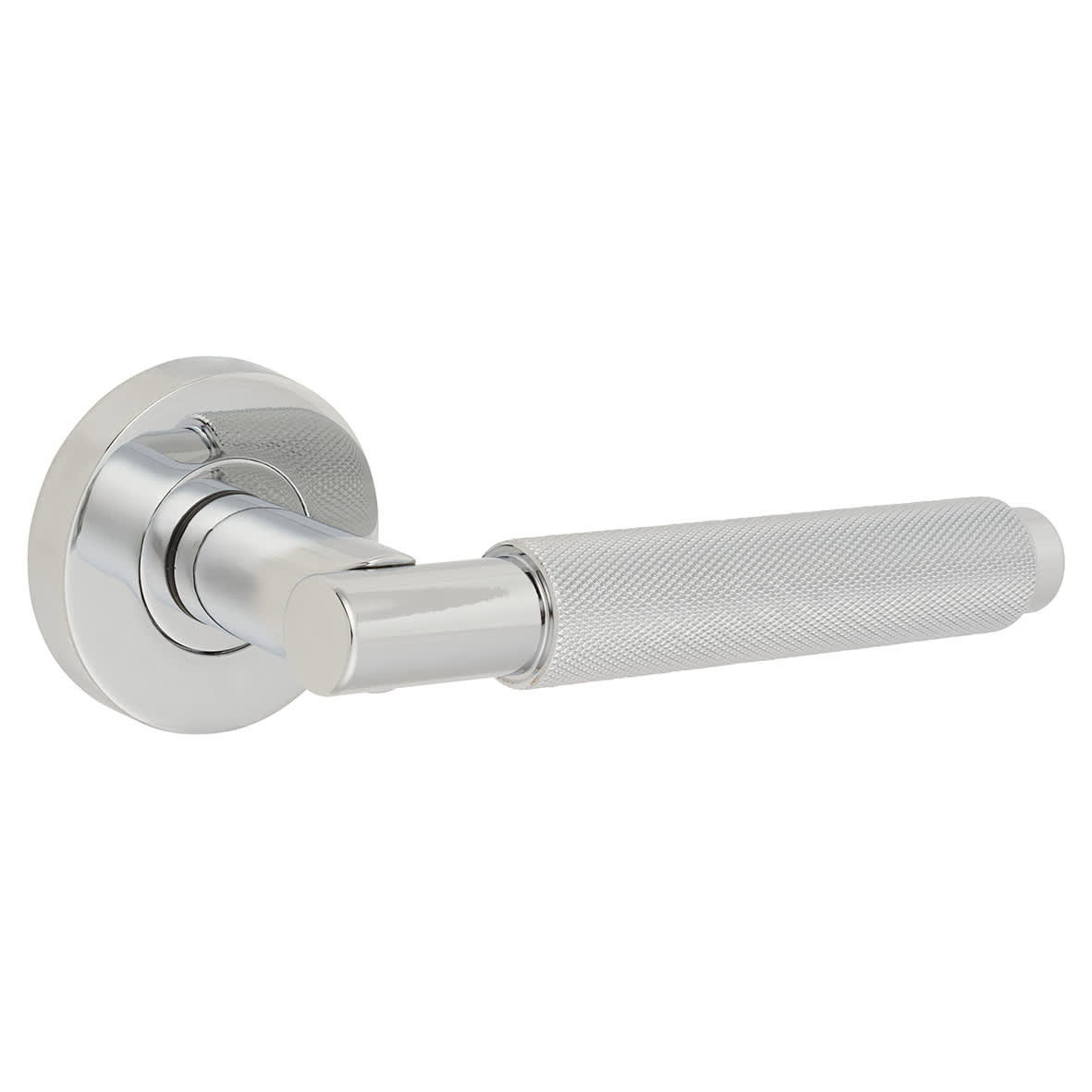 Polished Chrome Knurled Door Handles on Round Rose - Textura Range - view 2