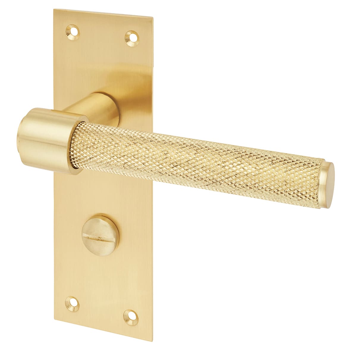 Satin Brass Knurled Bathroom Lock Door Handles Pack - Loxley Range - view 3