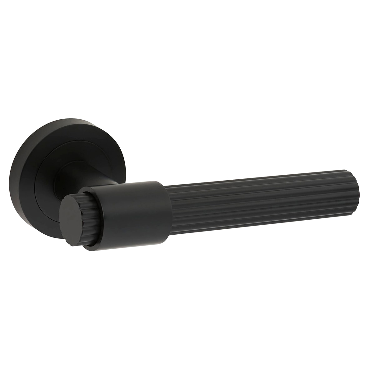 Matt Black Lines Door Handles on Round Rose - Eva Range - view 2