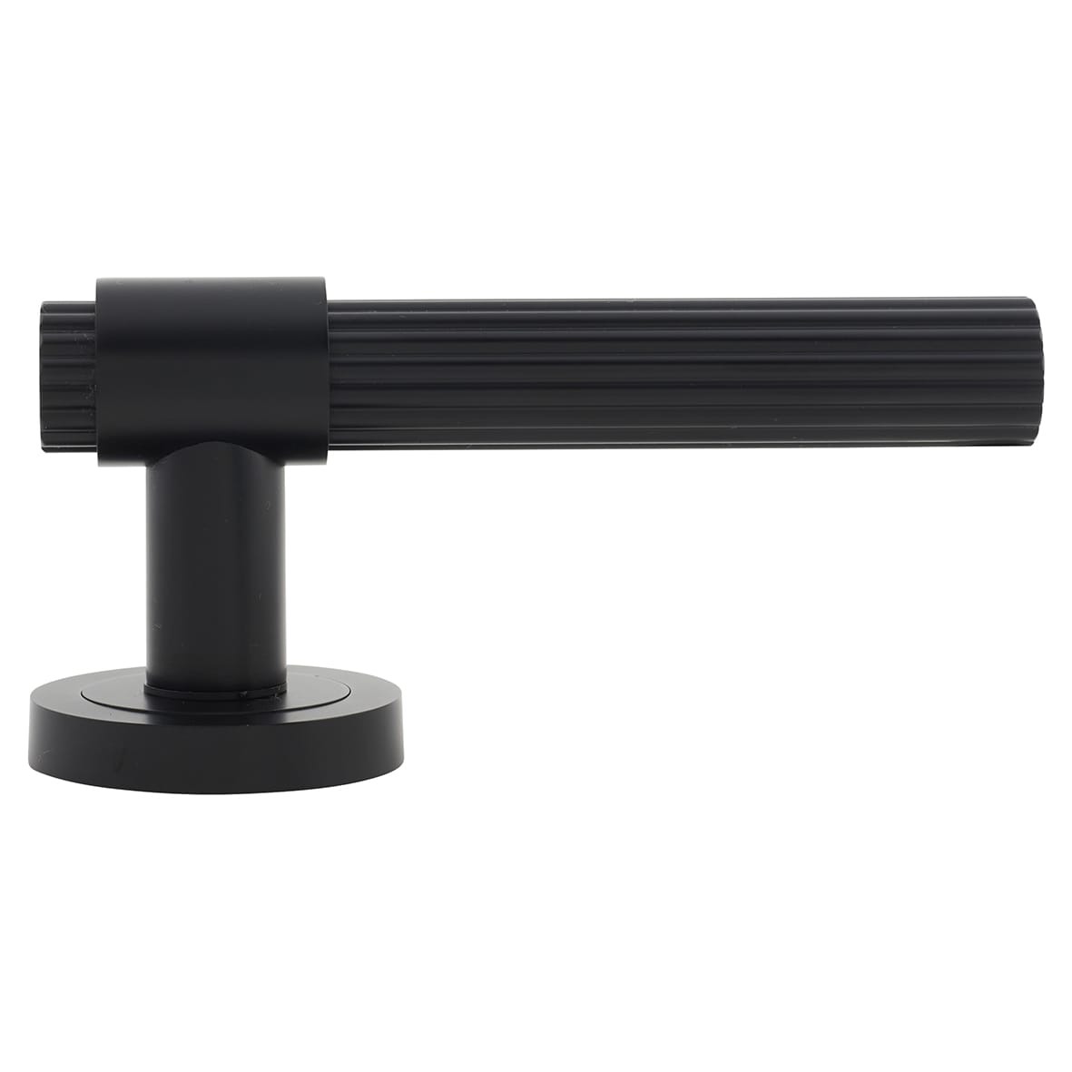 Matt Black Lines Door Handles on Round Rose - Eva Range - view 3