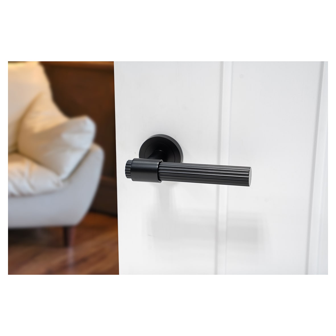 Matt Black Lines Door Handles on Round Rose - Eva Range - view 4