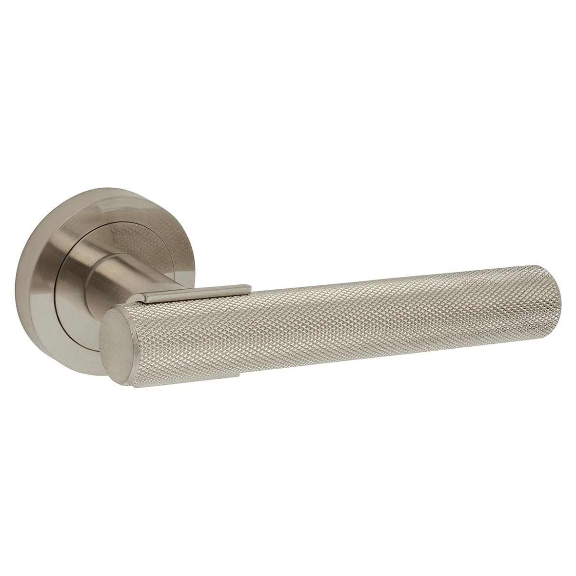 Satin Nickel Knurled Door Handles on Round Rose - Orla Range - view 2
