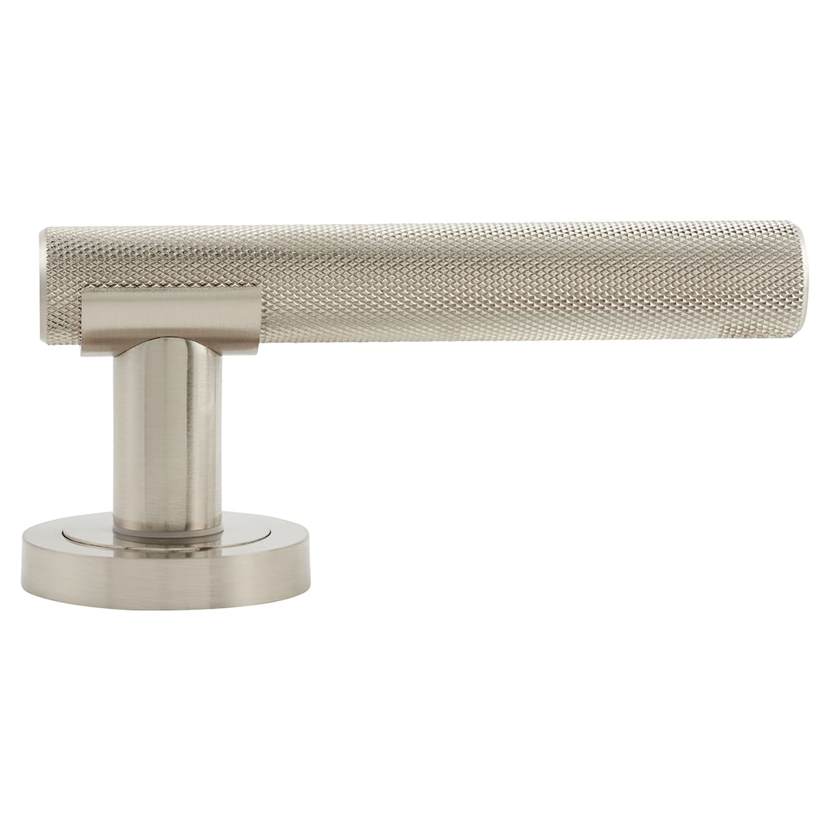 Satin Nickel Knurled Door Handles on Round Rose - Orla Range - view 3