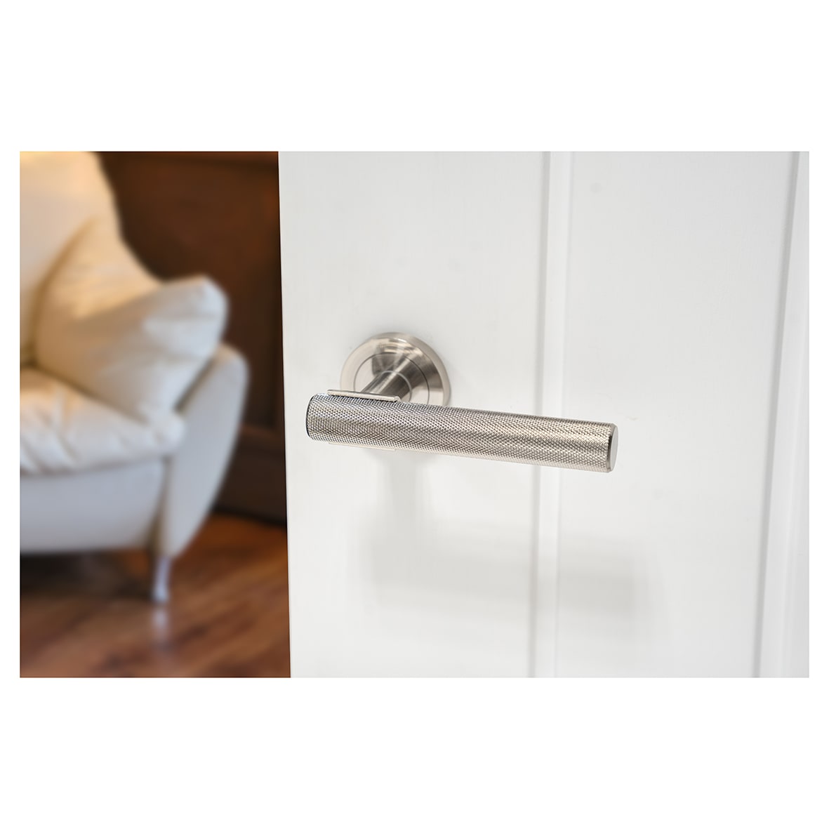 Satin Nickel Knurled Door Handles on Round Rose - Orla Range - view 4