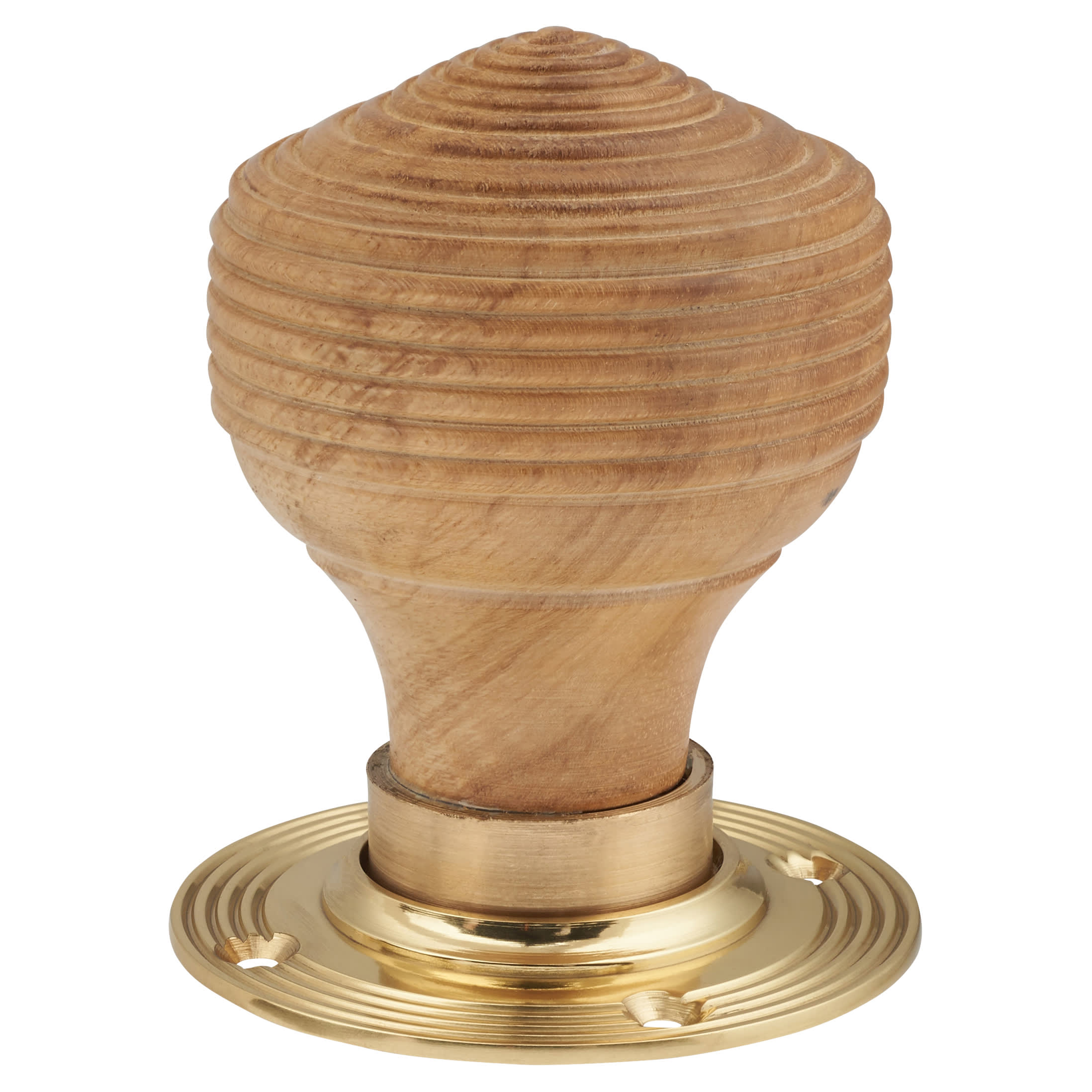 Oak Knob & Brass Rose Edwardian Beehive Mortice/Rim Door Knob - 60mm Rose Diameter - view 2