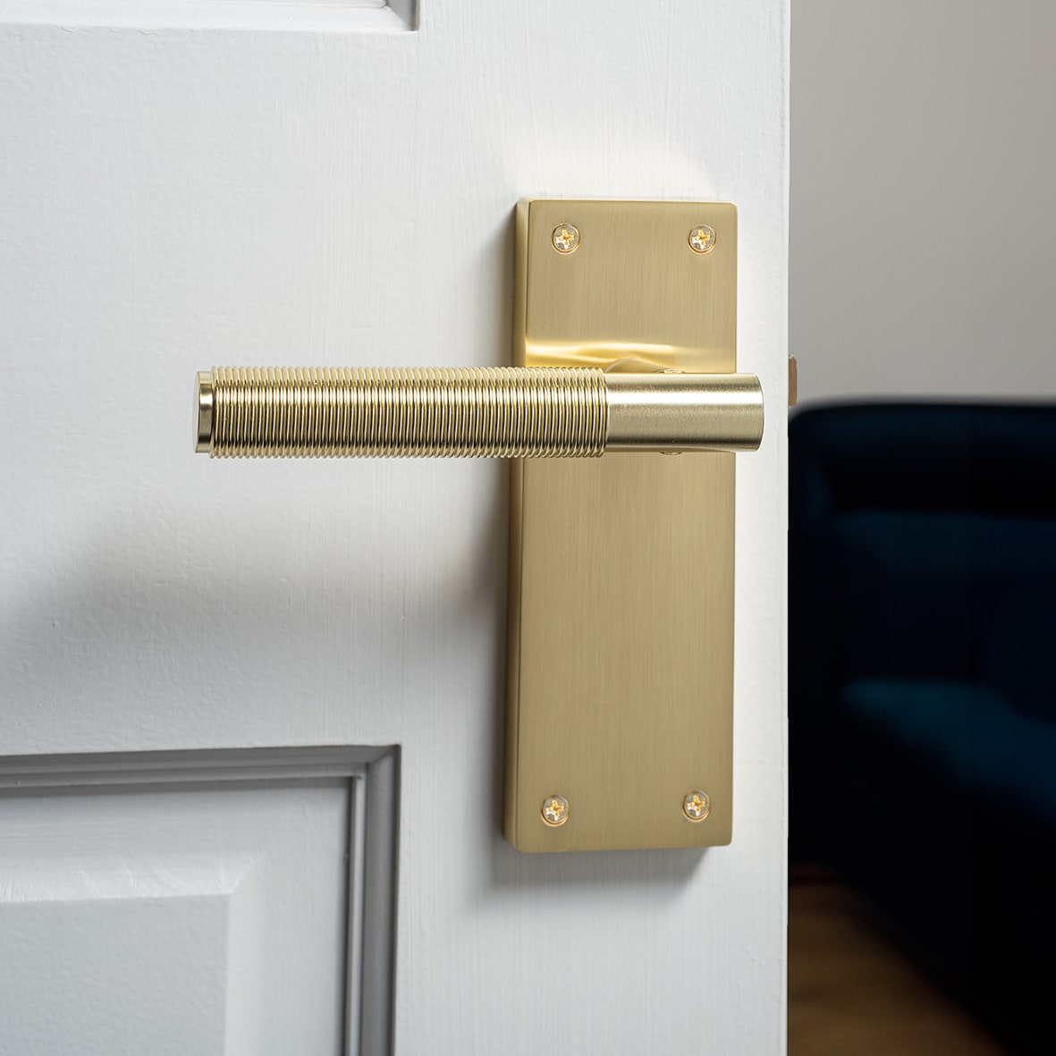 Satin Brass Reeded Latch Door Handles - Lily Range - 155 x 55mm - view 4