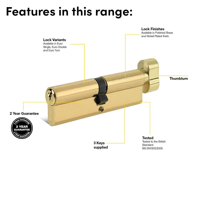 6 Pin 70mm Euro Thumbturn Cylinder - 35mm Turn + 35mm - Satin Nickel - Keyed to Differ - view 4