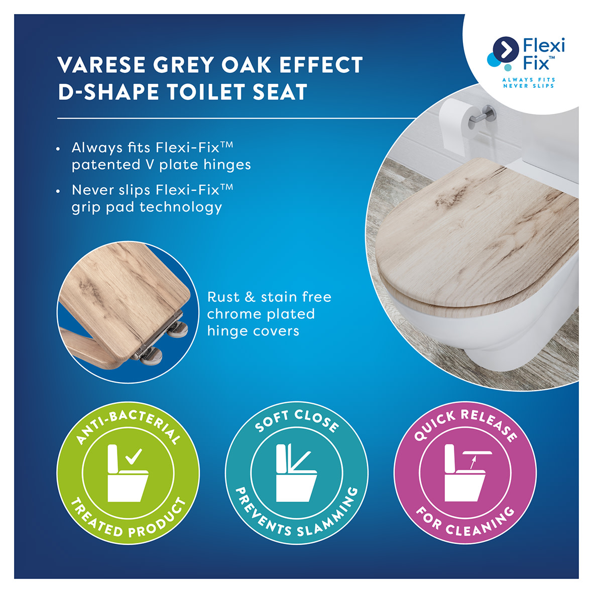 Varese Flexi-Fix Soft Close Wooden Toilet Seat - Grey Oak - view 5