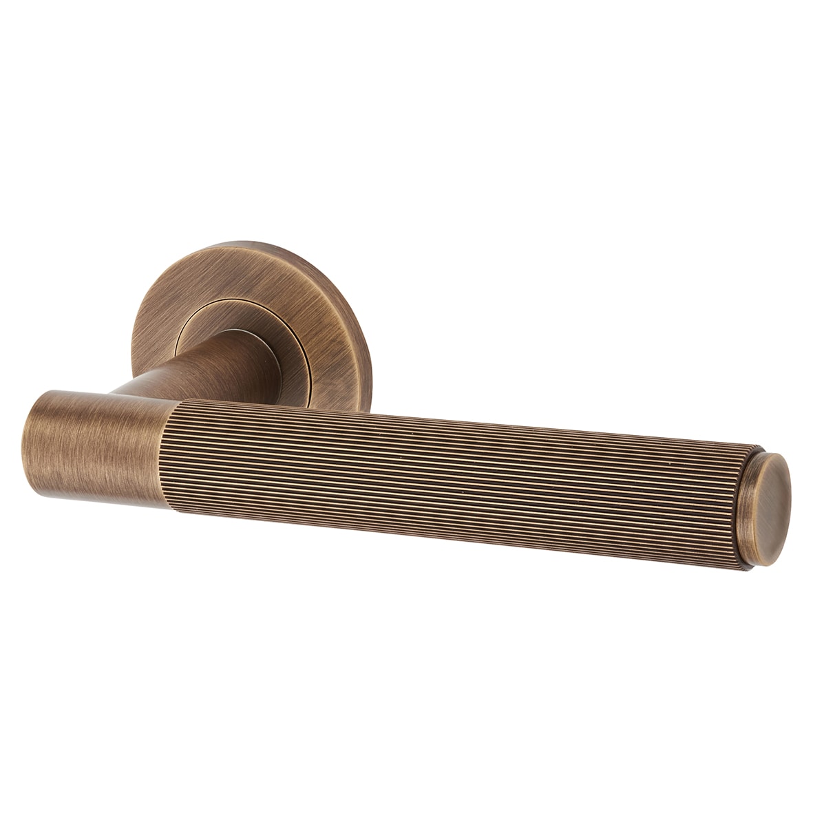 Antique Brass Reeded Door Handles on Round Rose - Spitfire Range - view 3