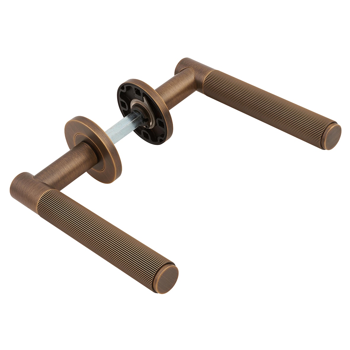 Antique Brass Reeded Door Handles on Round Rose - Spitfire Range - view 5