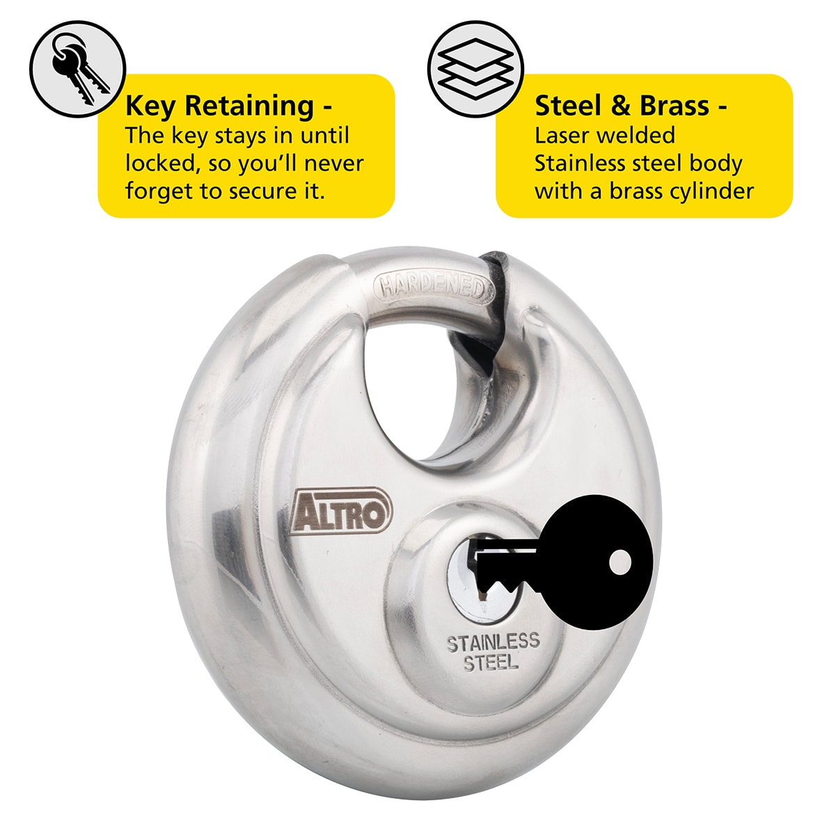 Disc Padlock - 70mm Body - 17.5 x 22mm Shackle - Polished Stainless Steel - view 2