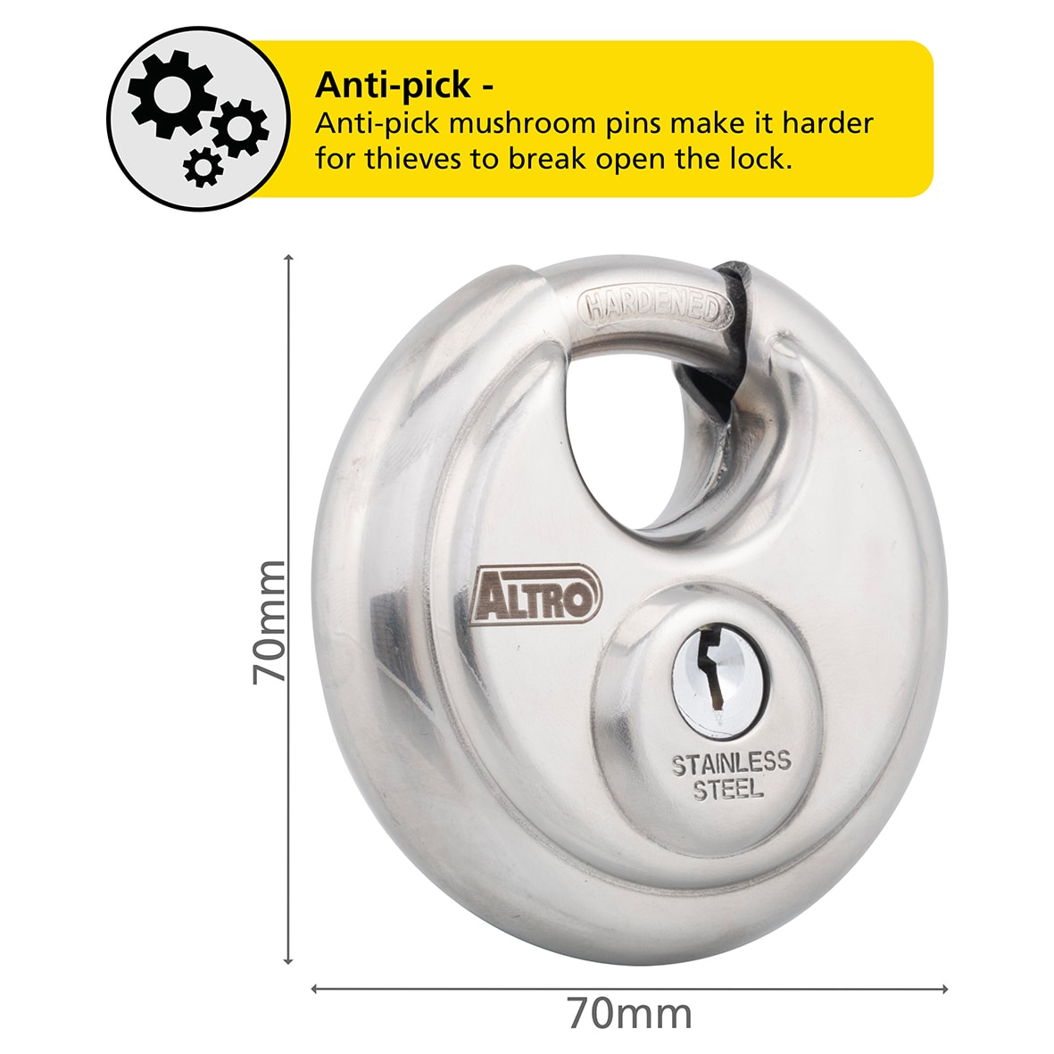 Disc Padlock - 70mm Body - 17.5 x 22mm Shackle - Polished Stainless Steel - view 6
