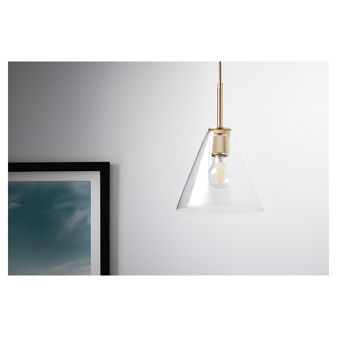 Noord Knurled Ceiling Light Pendant - Satin Brass Fittings and Hooded Clear Glass Shade - view 2
