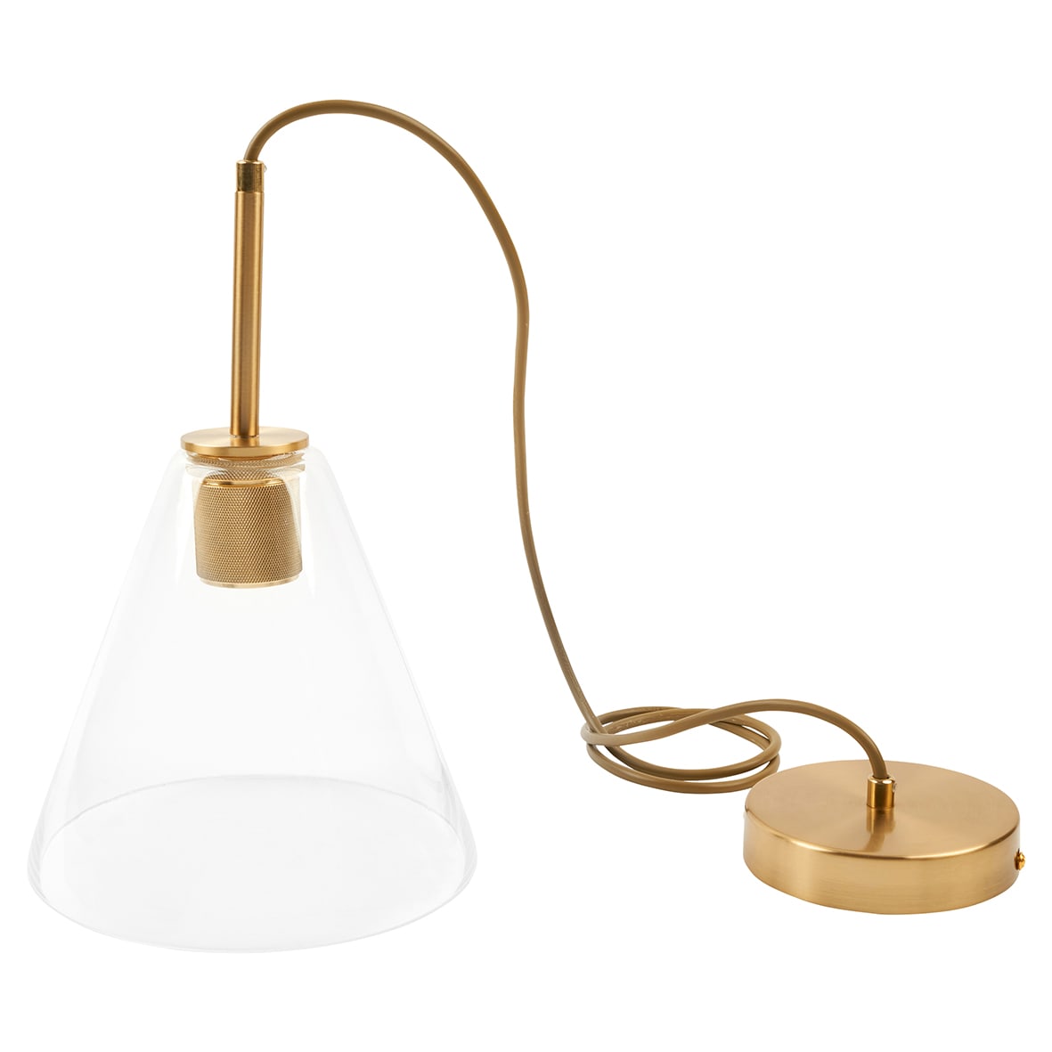 Noord Knurled Ceiling Light Pendant - Satin Brass Fittings and Hooded Clear Glass Shade - view 3