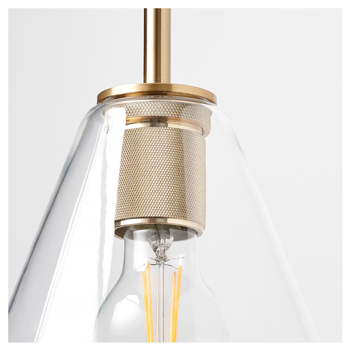 Noord Knurled Ceiling Light Pendant - Satin Brass Fittings and Hooded Clear Glass Shade - view 4
