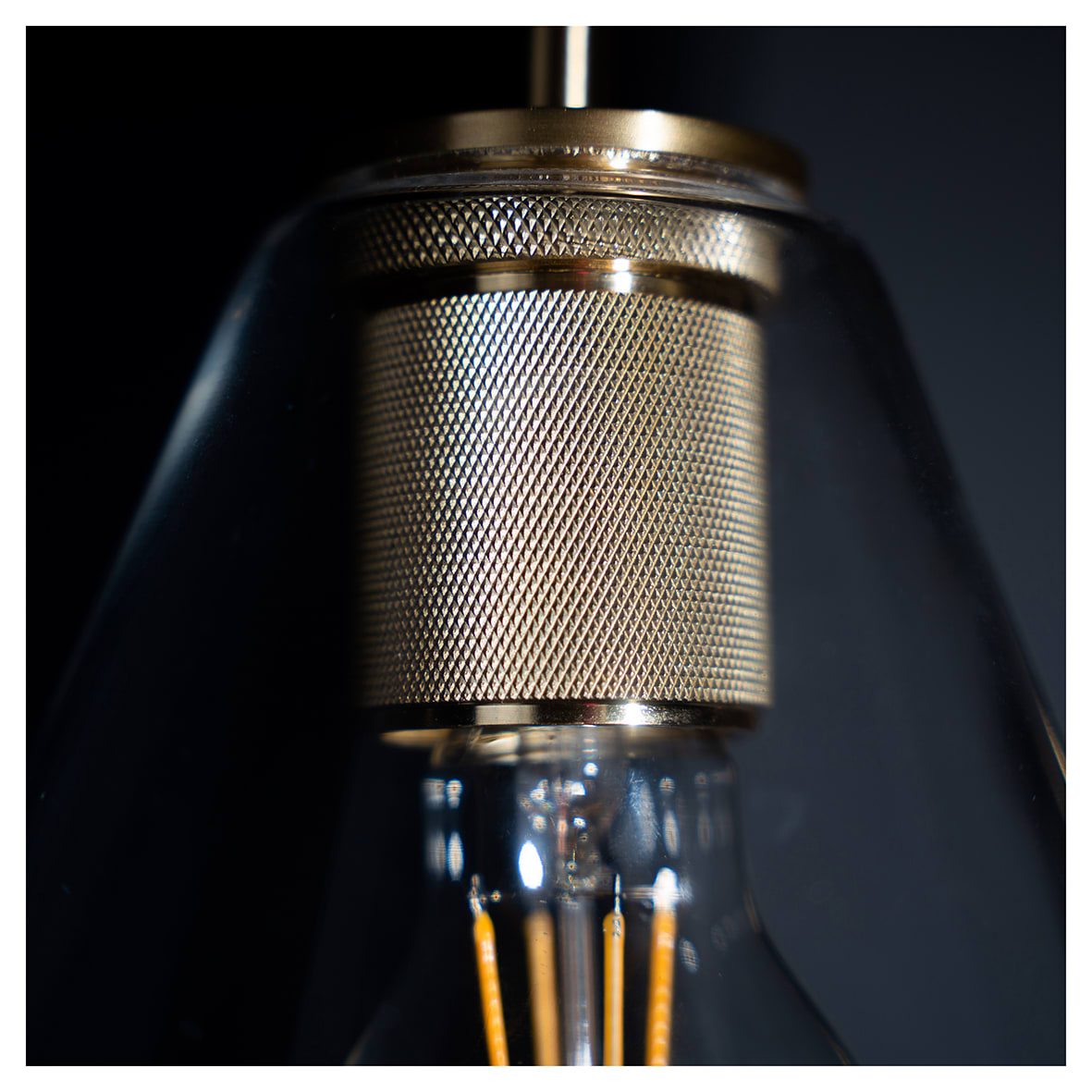 Noord Knurled Ceiling Light Pendant - Satin Brass Fittings and Hooded Clear Glass Shade - view 5