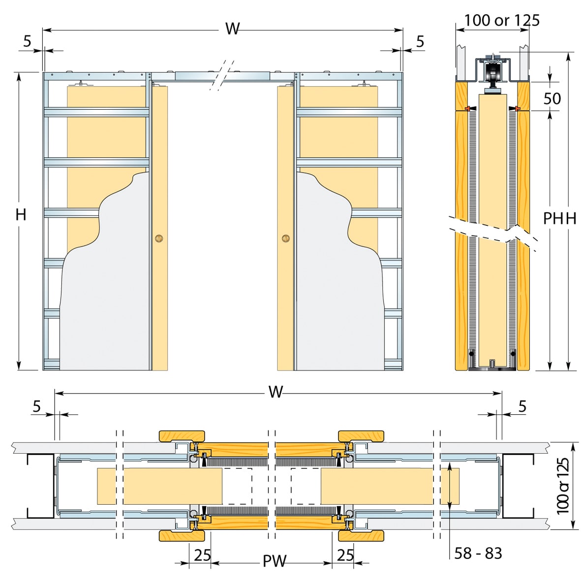 8mm Glass Double Pocket Door Kit - 125mm Finished Wall Thickness - 762 x 1981mm Door Size - view 2