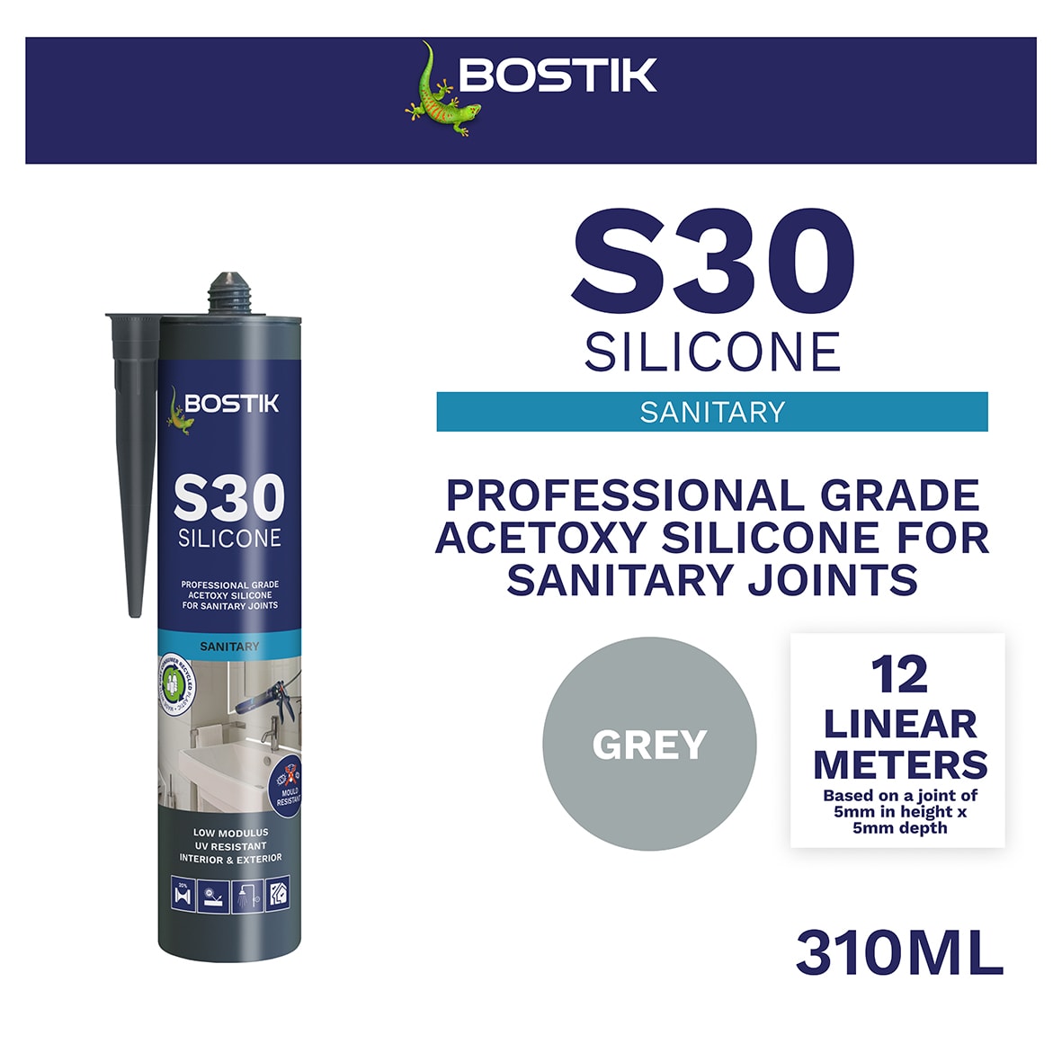 S30 Acetoxy Sanitary Sealant - 310ml - Grey - view 2