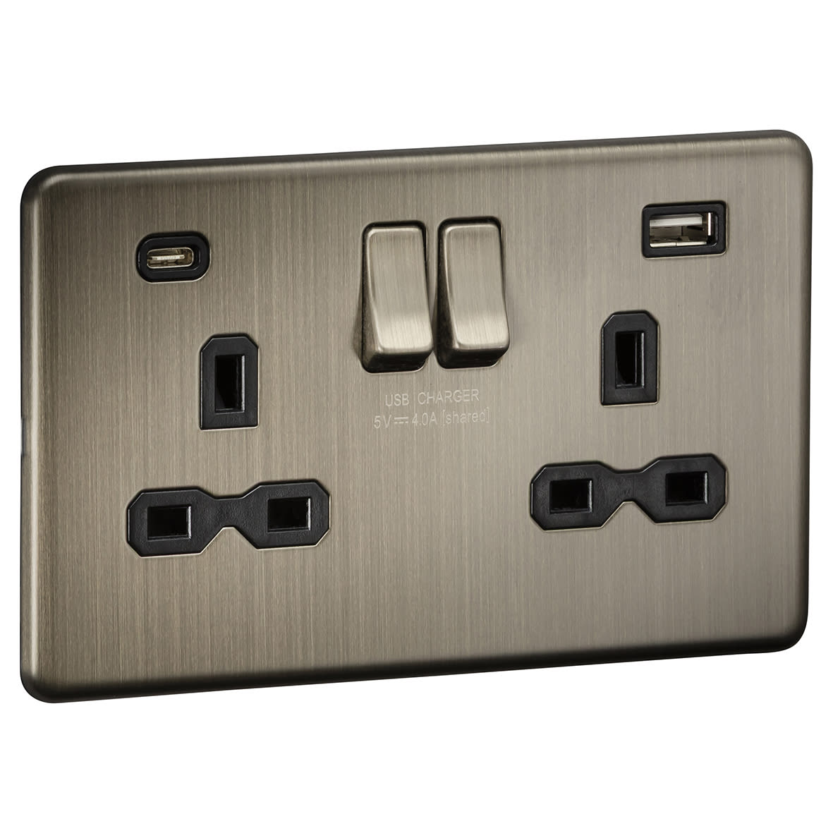 13A 2 Gang Screwless Type A/C USB Socket with 2 x USB - 4A - Antique Brass/Black - view 2