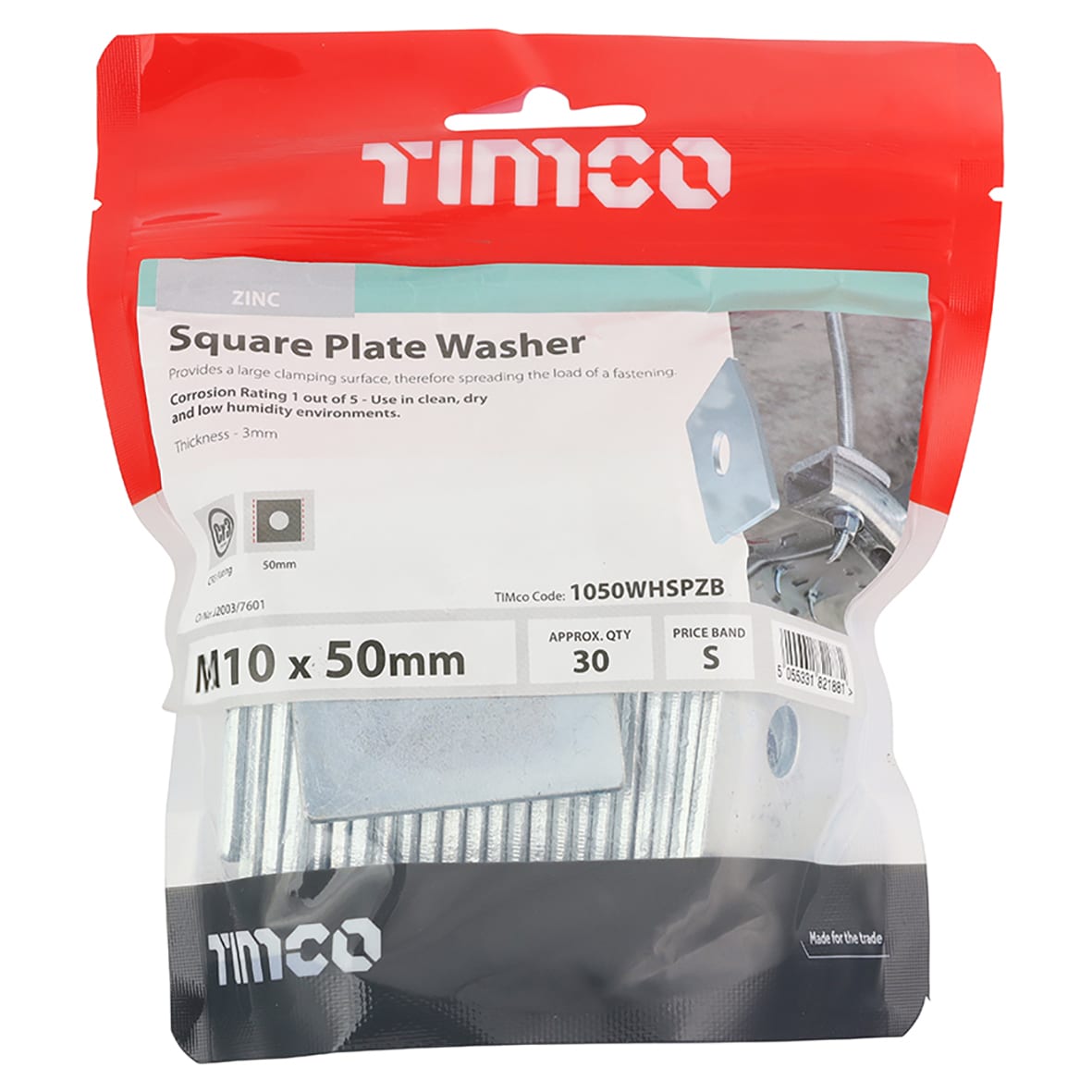 Square Plate Washer - M10 x 50mm - Zinc Plated - Pack of 30 - view 3