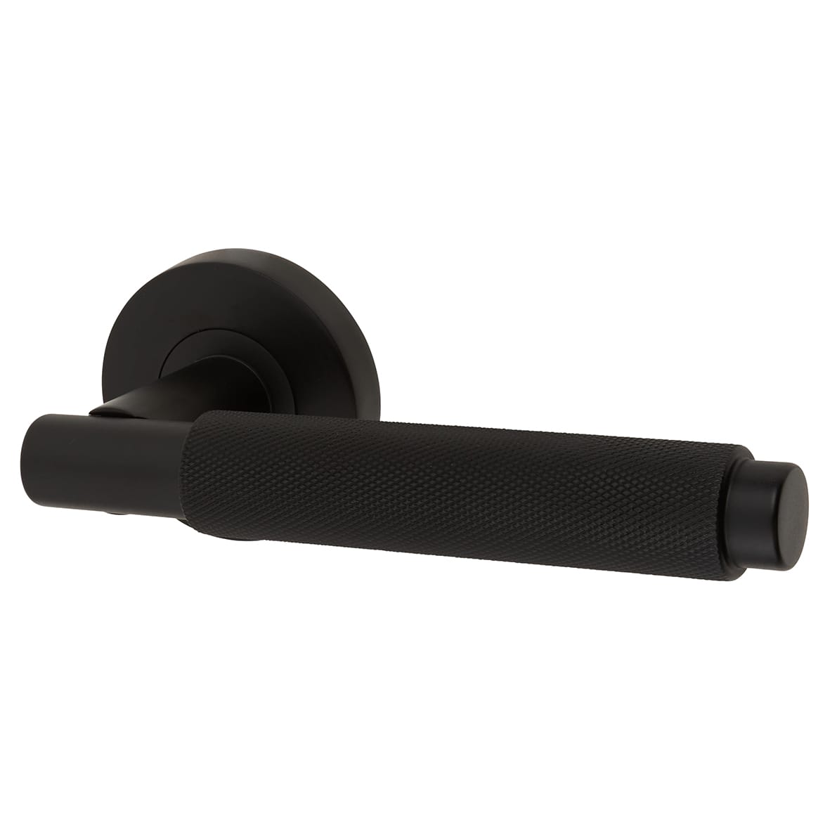 Matt Black Knurled Latch Door Handles on Rose Pack - Passage - Textura Range - view 2