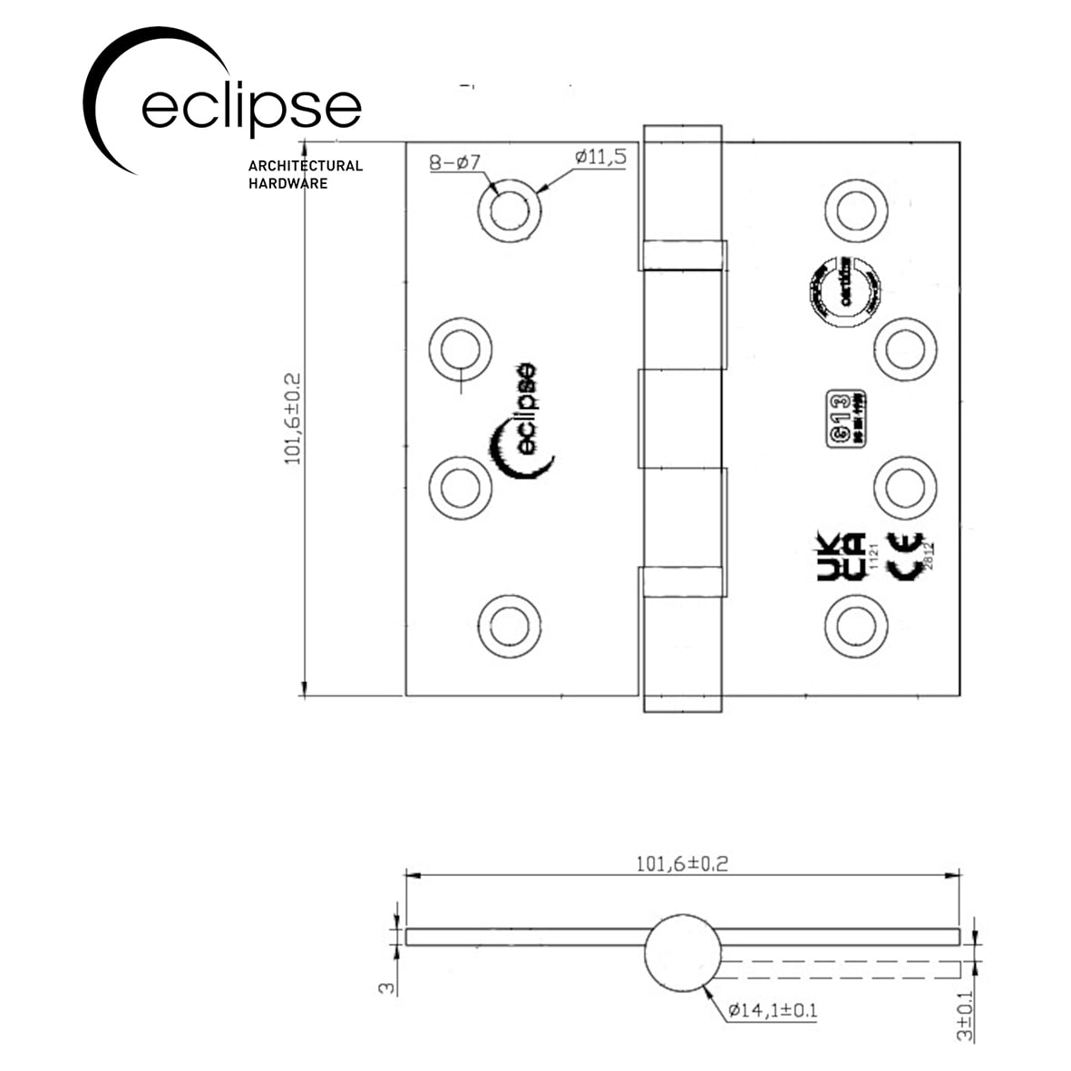 Ball Bearing Grade 13 Butt Fire Door Hinge - 102 x 102 x 3mm - Polished Stainless - Pair - view 3
