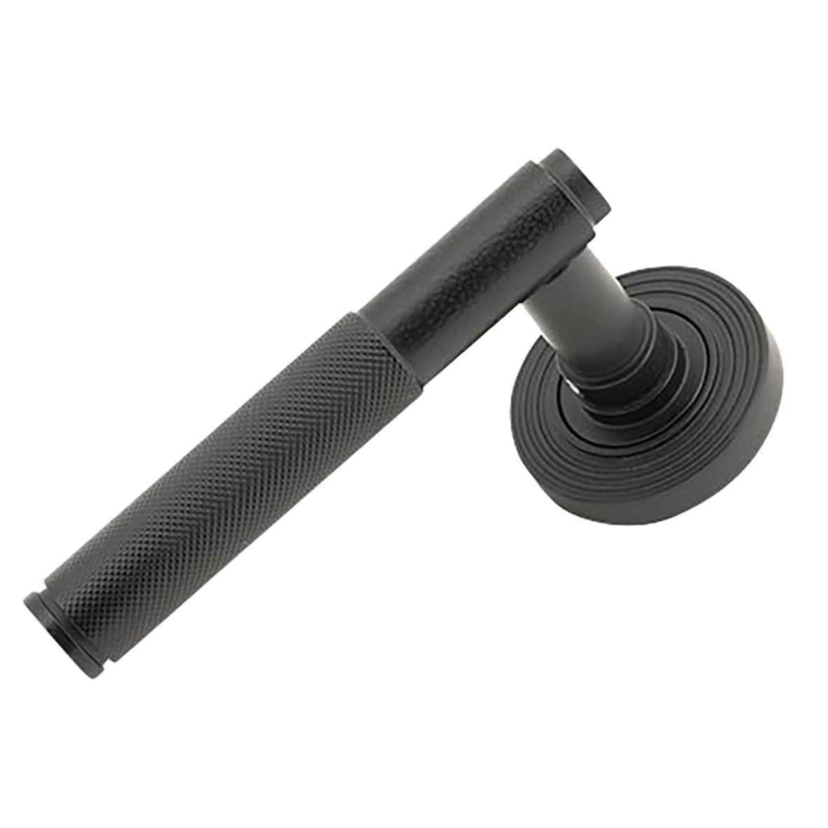 Matt Black Knurled Door Handles on Round Beehive Rose - Brompton Range - view 2
