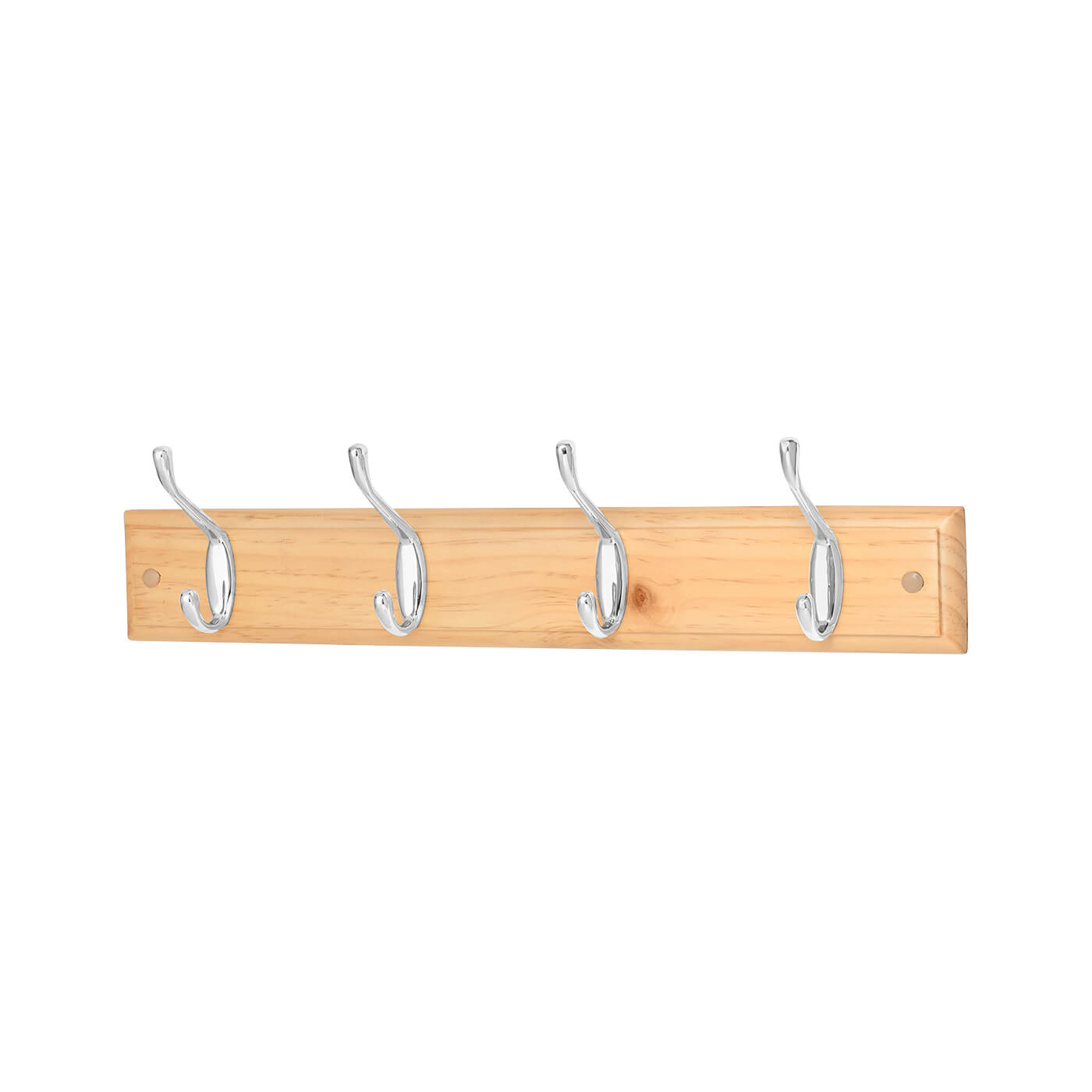 Hat & Coat Hook Rail - 450 x 70 x 15mm - 4 Hooks - Pine Board with Polished Chrome Hooks - view 2
