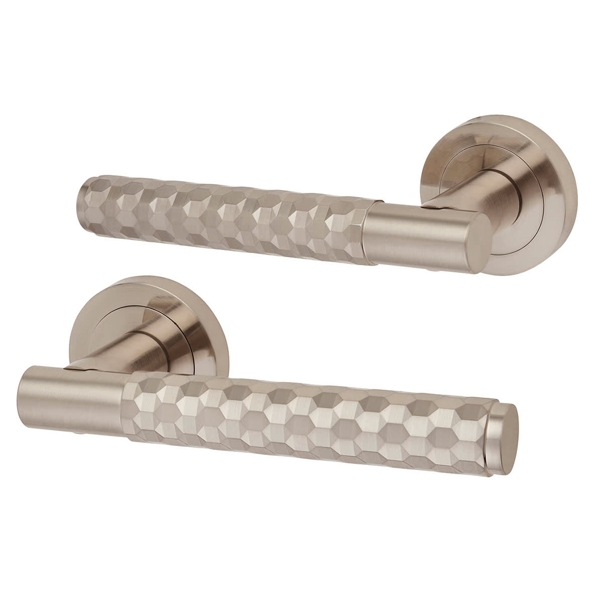 Satin Nickel Honeycomb Euro Lock Door Handles on Rose Pack - Cara Range - view 2