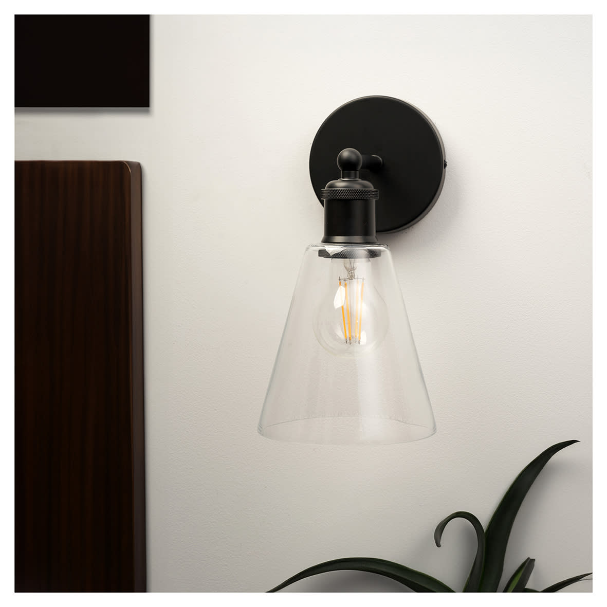 Divi Indoor Wall Light - Matt Black Fittings and Hooded Clear Glass Shade - view 2