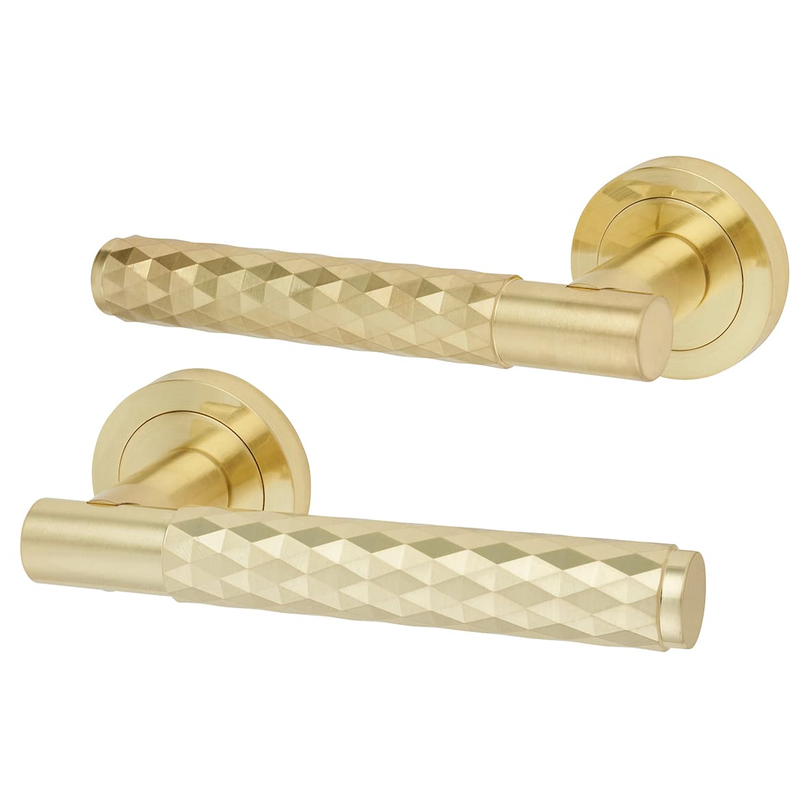 Satin Brass Diamond Bathroom Lock Door Handles on Rose Pack - Luna Range - view 2