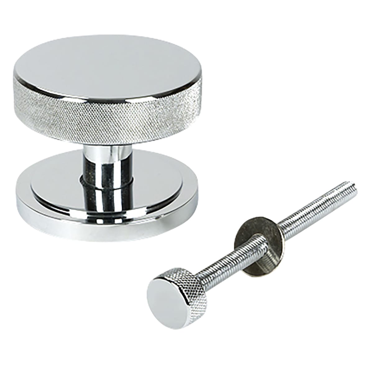 Brompton Polished Chrome Round Knurled Centre Door Knob on Art Deco Rose - 90mm Rose Diameter - view 2