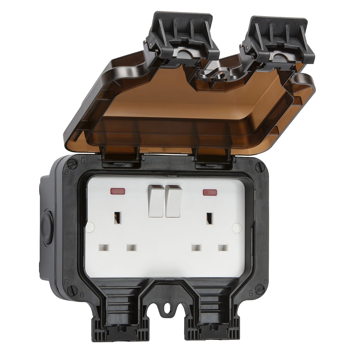 13A 2 Gang Switched Outdoor Weatherproof Socket with Neon - Black - view 2