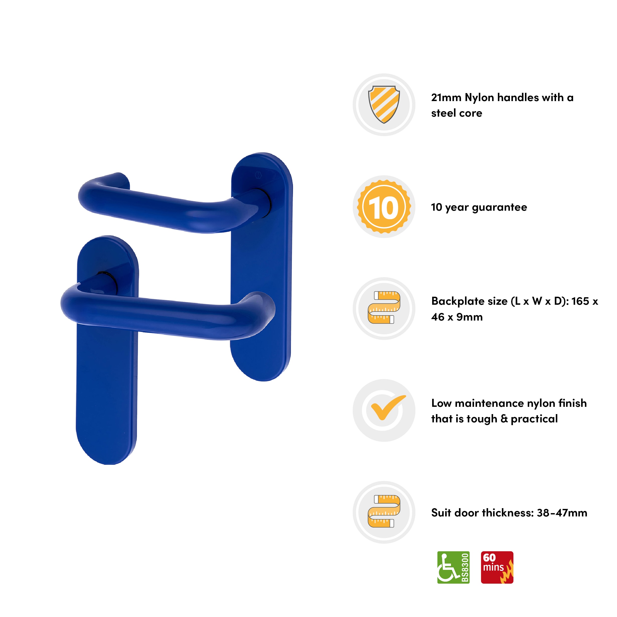 Cobalt Blue Nylon Steel Core Safety Latch Door Handles - Paris Range - 165 x 46mm - view 3