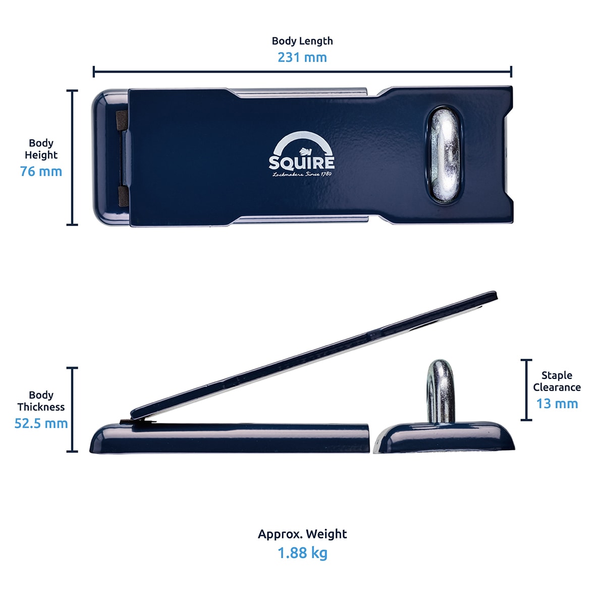 Hardened Steel High Security Hasp & Staple - 231 x 76mm - Blue - view 4