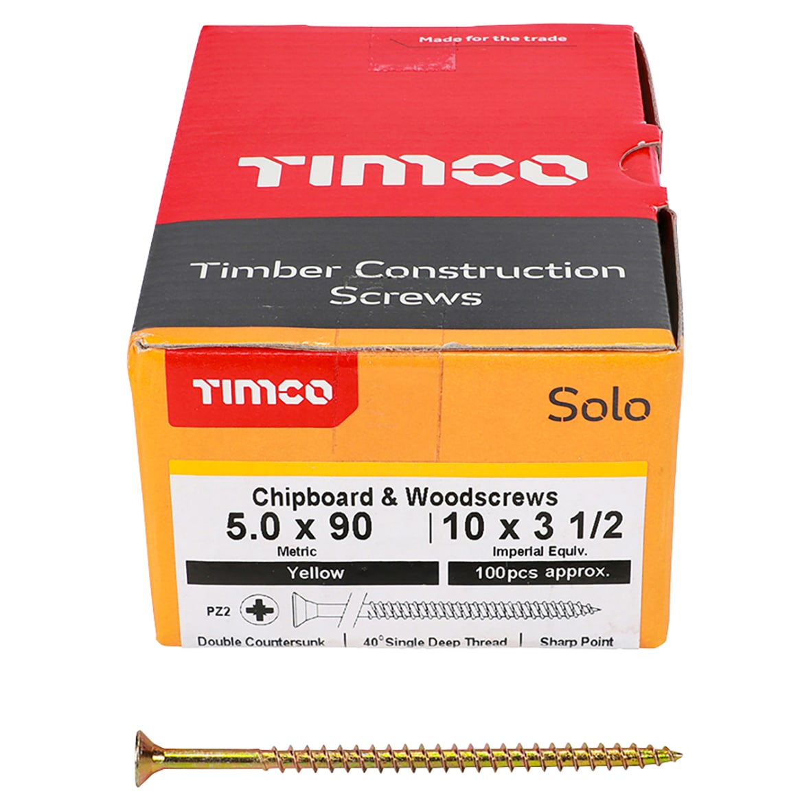 Solo Chippy Pozi Countersunk Wood Screws - 5.0 x 90mm - Yellow Zinc - Pack of 100 - view 2