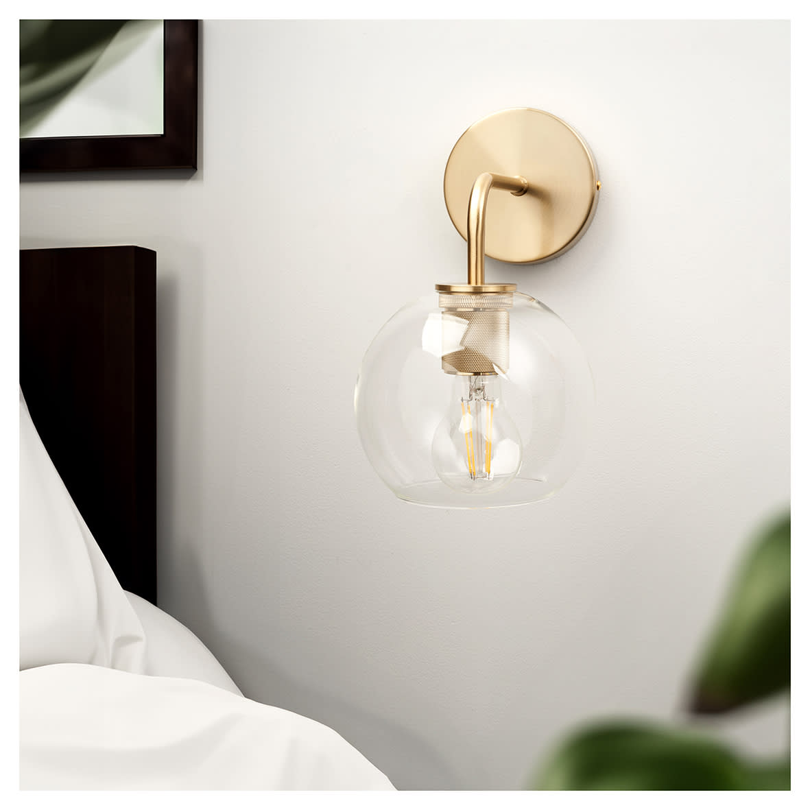 Noord Knurled Indoor Wall Light - Satin Brass Fittings and Domed Clear Glass Shade - view 2