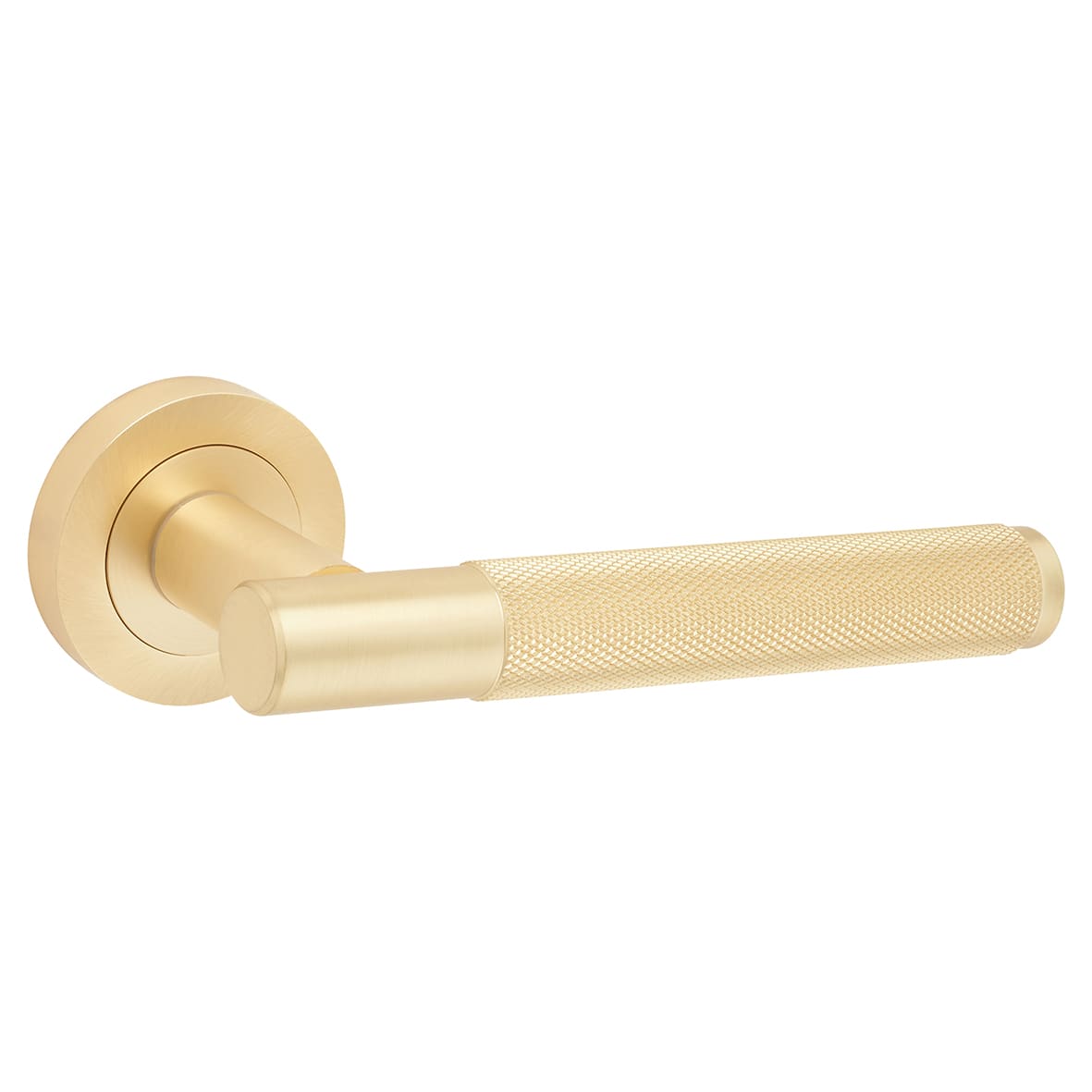 Satin Brass Fire Rated Knurled Door Handles on Round Rose - Bari Range - view 2